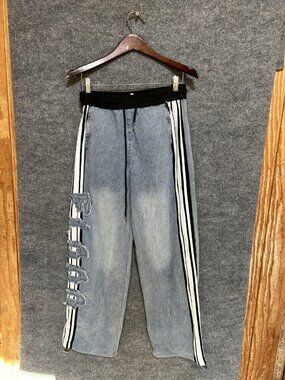 HOOD F1000 Jeans Mens 30x27 Blue Light Wash Wide Leg Striped Denim Pants